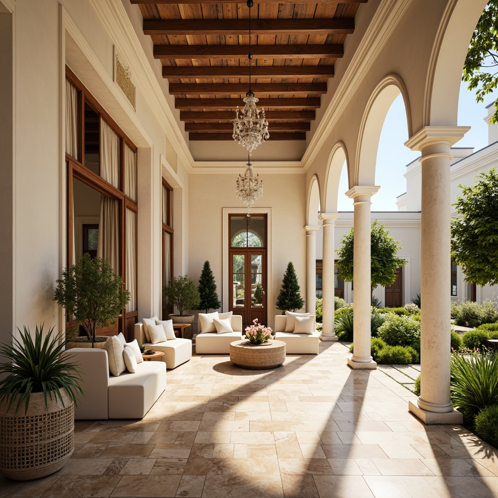 Prompt: Elegant villa, neoclassical architecture, soft cream walls, ornate columns, intricate moldings, warm beige marble floors, rich walnut wood accents, opulent crystal chandeliers, lavish furnishings, velvet drapes, majestic archways, grand staircases, serene courtyard, lush greenery, vibrant flowers, sunny day, soft warm lighting, shallow depth of field, 3/4 composition, realistic textures, ambient occlusion.