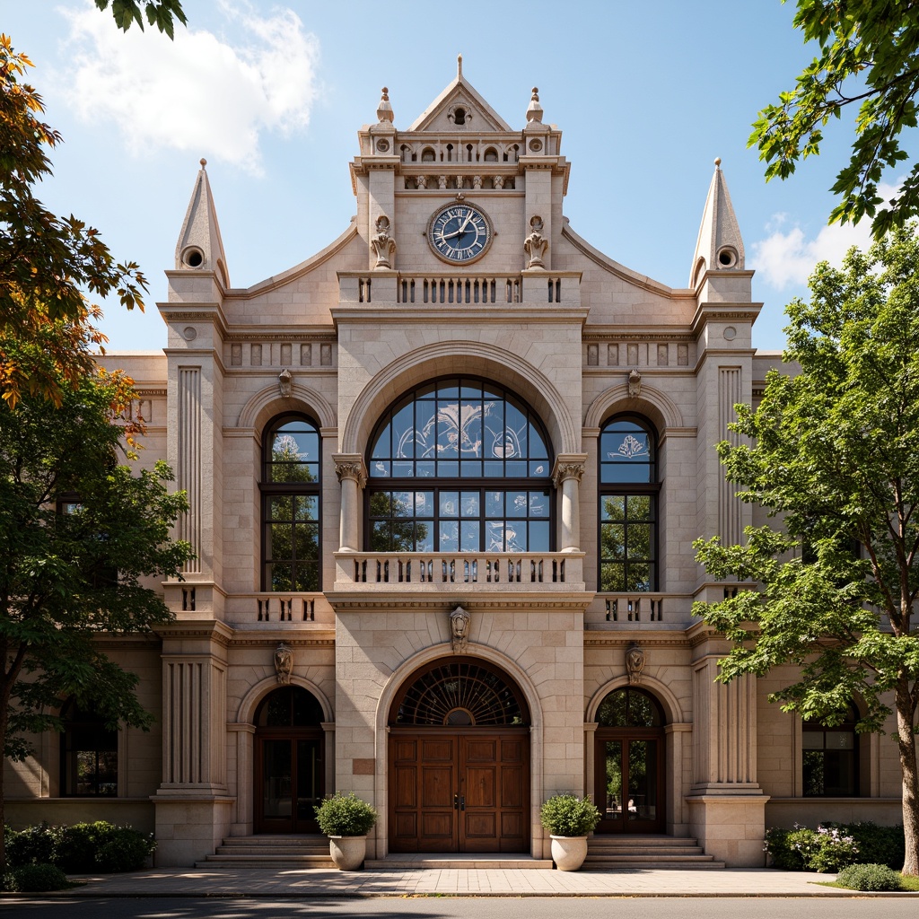 Prompt: Grandiose courthouse facade, ornate stonework, intricately carved wooden doors, majestic clock tower, stained glass windows, rusticated quoins, ornamental metalwork, eclectic mix of architectural styles, neoclassical columns, Romanesque arches, Gothic spires, vibrant color palette, warm natural light, high contrast shadows, dramatic chiaroscuro, 2.5D composition, cinematic perspective, detailed textures, ambient Occlusion.