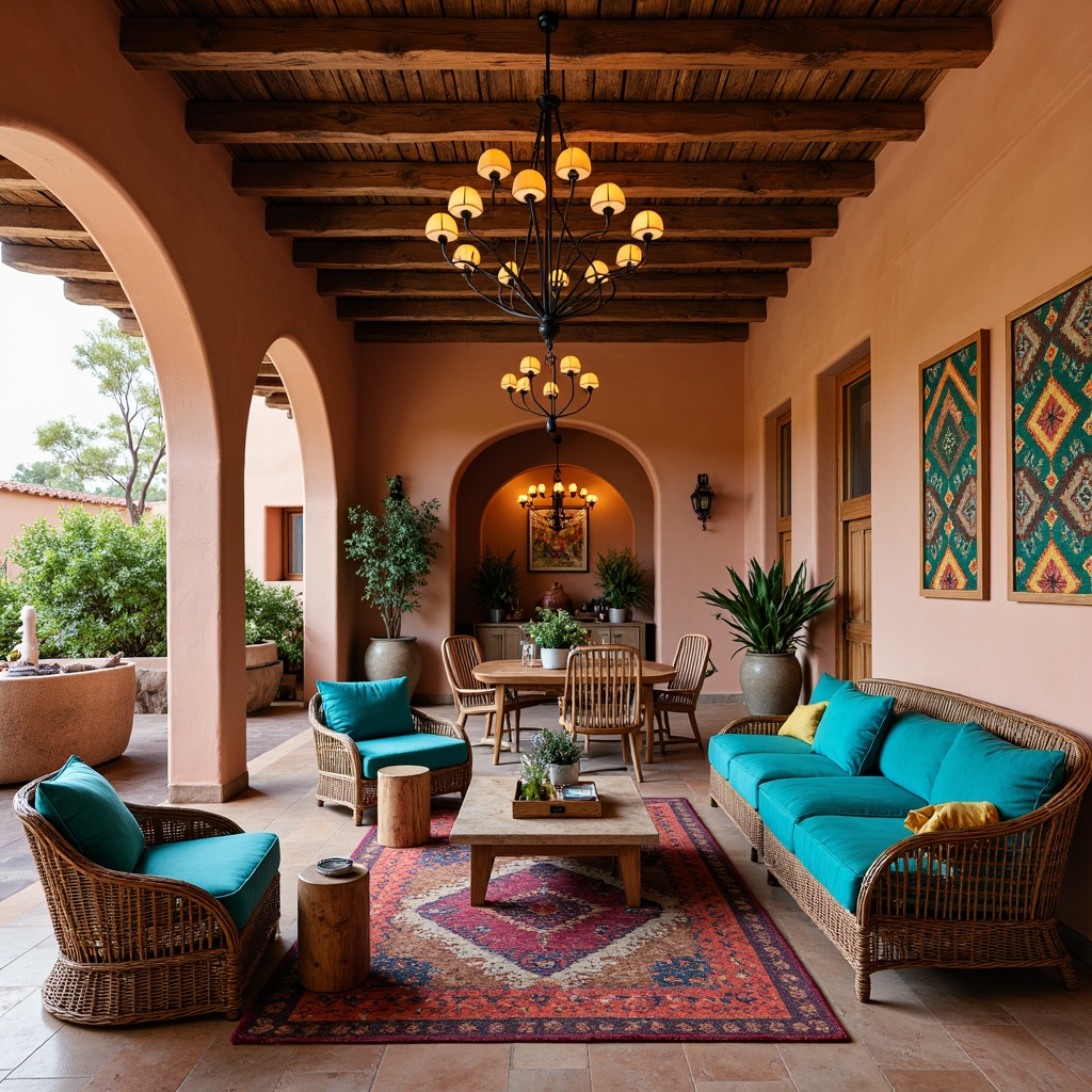 Prompt: Vibrant turquoise accents, rustic wooden furniture, woven wicker chairs, plush velvet sofas, bold geometric patterns, natural stone floors, earthy terracotta walls, warm golden lighting, ornate metalwork details, Southwestern-inspired textiles, colorful Navajo rugs, luxurious leather upholstery, statement light fixtures, grand chandeliers, ambient occlusion, shallow depth of field, 3/4 composition, panoramic view, realistic textures.