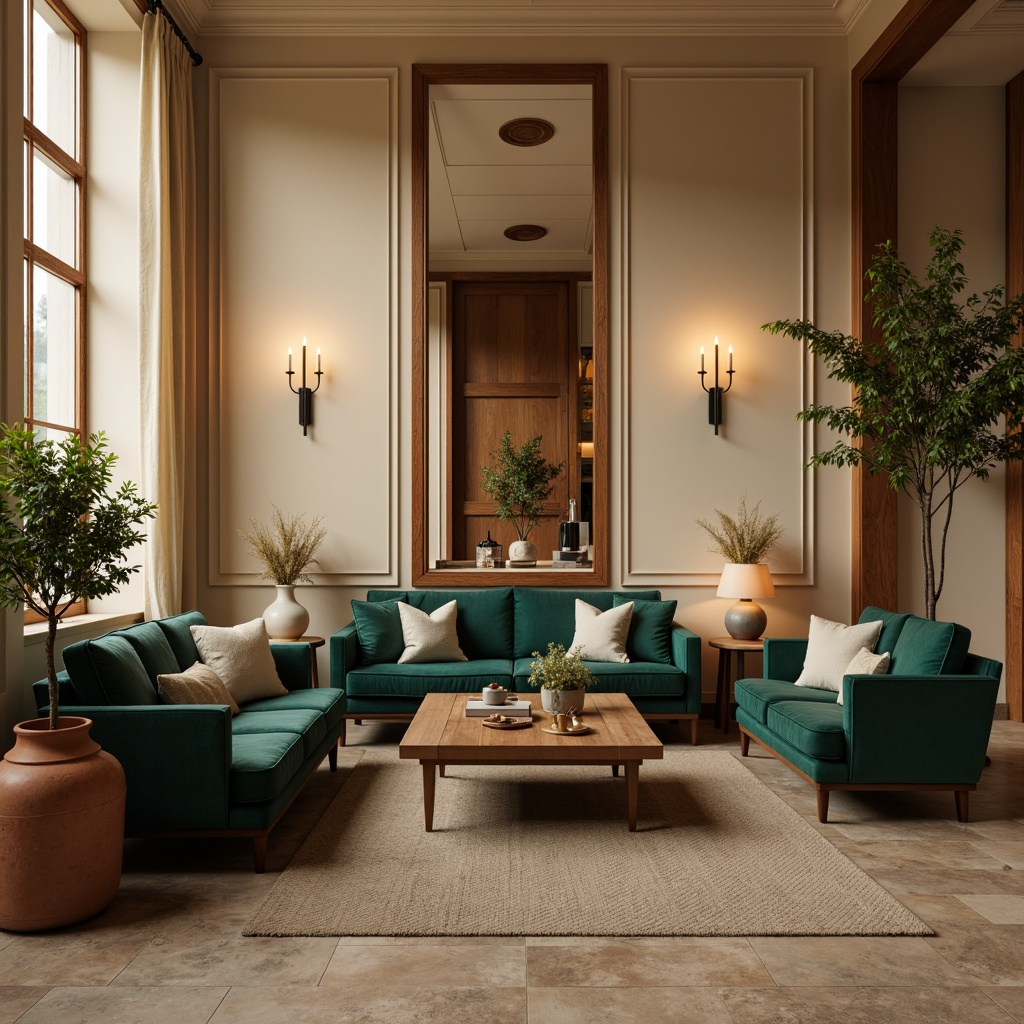 Prompt: Warm beige walls, rich walnut wood furniture, soft cream accents, elegant gold lighting fixtures, plush emerald green velvet upholstery, natural stone flooring, earthy terracotta planters, subtle linen drapery, warm candlelight ambiance, shallow depth of field, 1/1 composition, realistic textures, ambient occlusion.