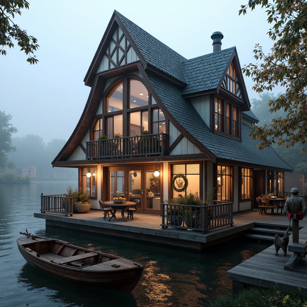 Prompt: \Rustic waterfront, wooden dock, vintage boat, ornate Victorian-style boathouse, steeply pitched roof, intricate wood carvings, decorative trusses, stained glass windows, fish-scale shingles, white trim, ornate brackets, turned posts, wooden shutters, nautical-themed decorations, lantern-style lighting, soft warm glow, misty morning atmosphere, shallow depth of field, 1/1 composition, realistic textures, ambient occlusion.\