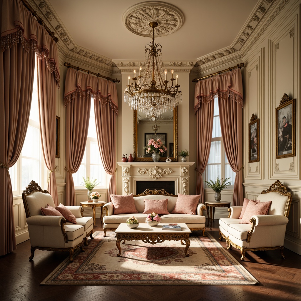 Prompt: Opulent Rococo interior, soft golden lighting, lavish furnishings, intricate ornaments, ornate mirrors, velvet drapes, rich wood tones, creamy whites, warm beige, soft pink accents, delicate florals, antique furniture pieces, distressed finishes, grand chandeliers, luxurious textiles, subtle sheen, 1/1 composition, intimate atmosphere.