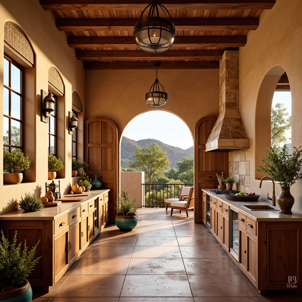 Prompt: Southwestern kitchen, warm earthy tones, rustic wooden cabinets, rough-hewn stone countertops, terracotta flooring, woven textiles, vibrant turquoise accents, natural linen fabrics, distressed metal hardware, pendant lighting fixtures, wrought iron chandeliers, arched windows, Spanish-inspired architecture, adobe-style walls, stucco finishes, desert landscape views, bright sunny day, warm golden lighting, shallow depth of field, 3/4 composition, realistic textures, ambient occlusion.