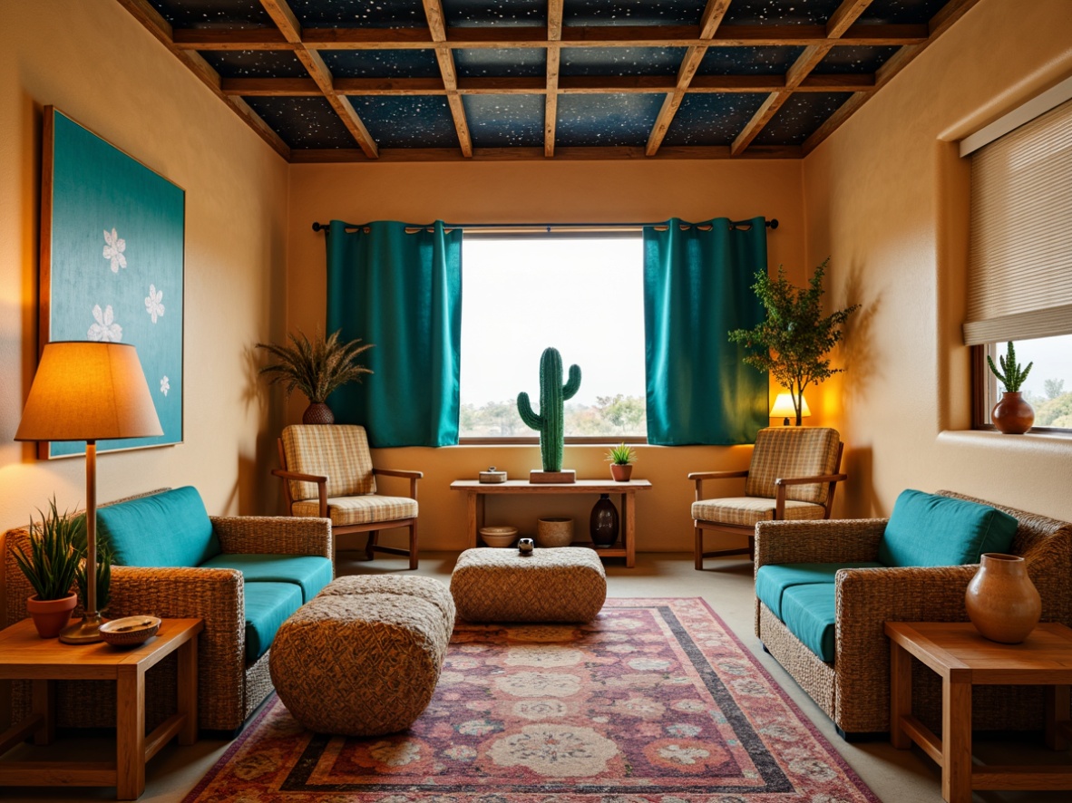 Prompt: Vibrant turquoise accents, warm sandy beige walls, playful cactus-shaped lamps, colorful woven baskets, rustic wooden furniture, whimsical starry night sky ceiling, soft warm glow, cozy reading nook, task lighting with desert-inspired metal shades, bright sunny day ambiance, layered textiles with Navajo patterns, earthy terracotta pottery, natural fiber rugs, 3/4 composition, shallow depth of field, panoramic view.