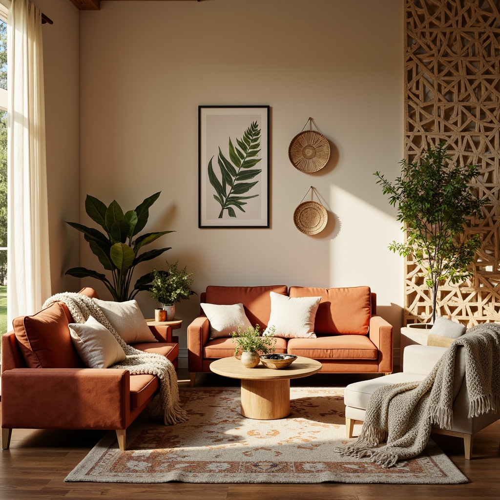 Prompt: Cozy living room, plush velvet sofas, soft golden lighting, warm beige walls, natural wood accents, woven baskets, Moroccan-inspired tiles, chunky knit blankets, oversized pillows, macrame wall hangings, lush greenery, botanical prints, soft pastel colors, abstract geometric patterns, tactile fabrics, luxurious materials, inviting atmosphere, shallow depth of field, 1/1 composition, warm neutral tones.