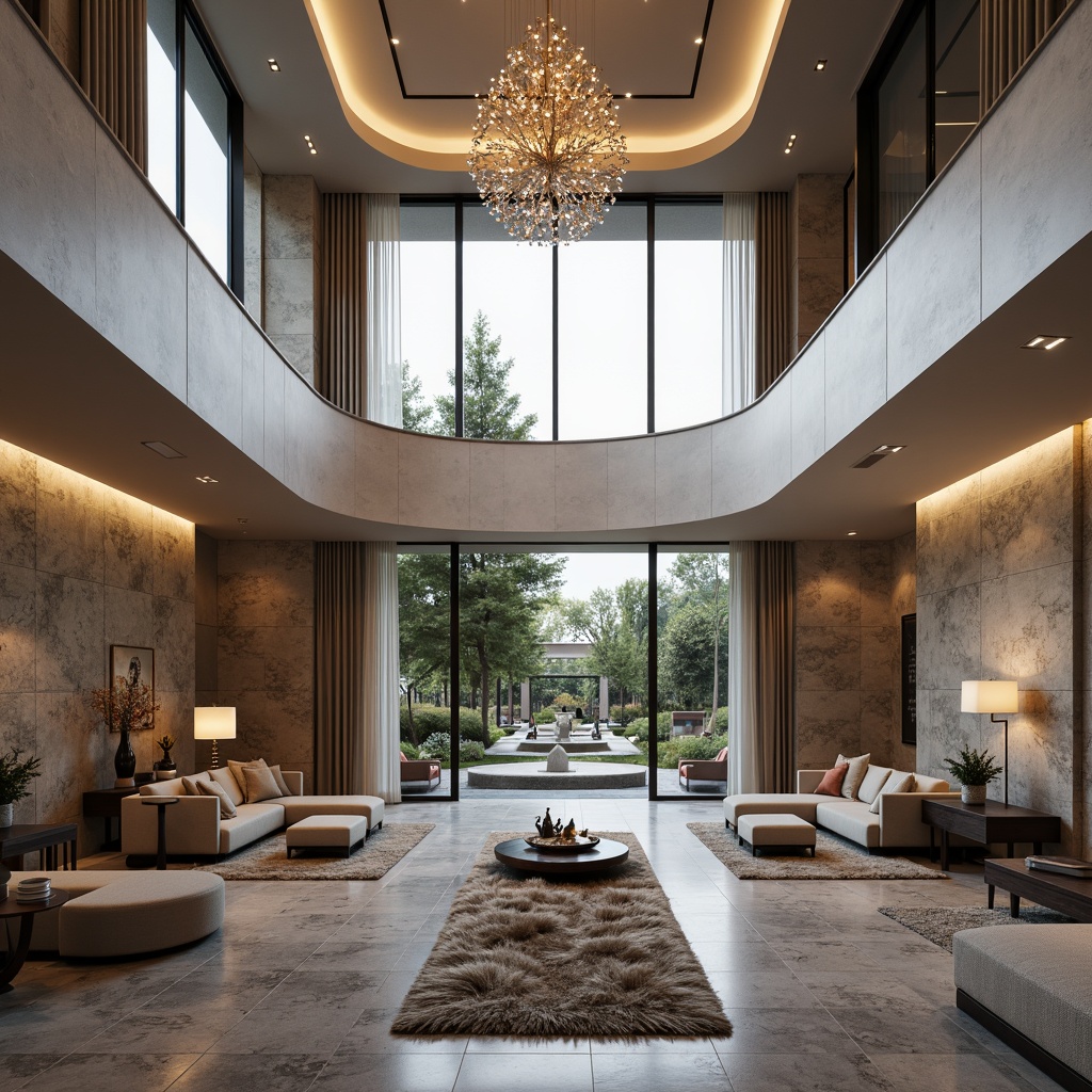 Prompt: Grand foyer, high ceilings, chandelier lighting, curved staircase, marble flooring, luxurious furnishings, plush area rugs, floor-to-ceiling windows, sliding glass doors, natural stone walls, modern minimalist decor, sophisticated color palette, warm ambient lighting, shallow depth of field, 3/4 composition, panoramic view, realistic textures, ambient occlusion.