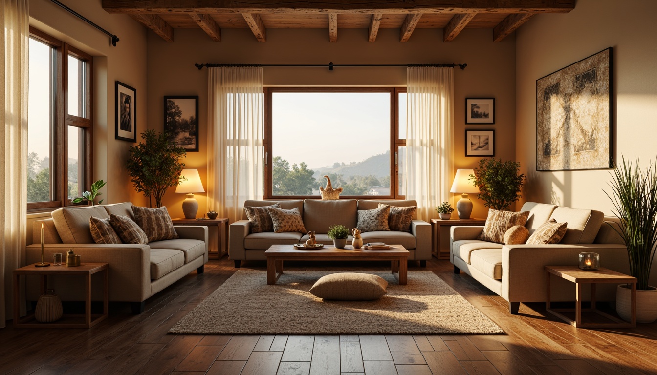 Prompt: Cozy living room, warm ambient lighting, table lamps, floor lamps, pendant lights, soft glowing shades, comfortable seating area, plush sofas, rustic wooden coffee tables, natural fiber rugs, earthy color palette, warm beige walls, large windows, sheer white curtains, sunny afternoon, gentle diffused light, 1/1 composition, realistic rendering, detailed textures.