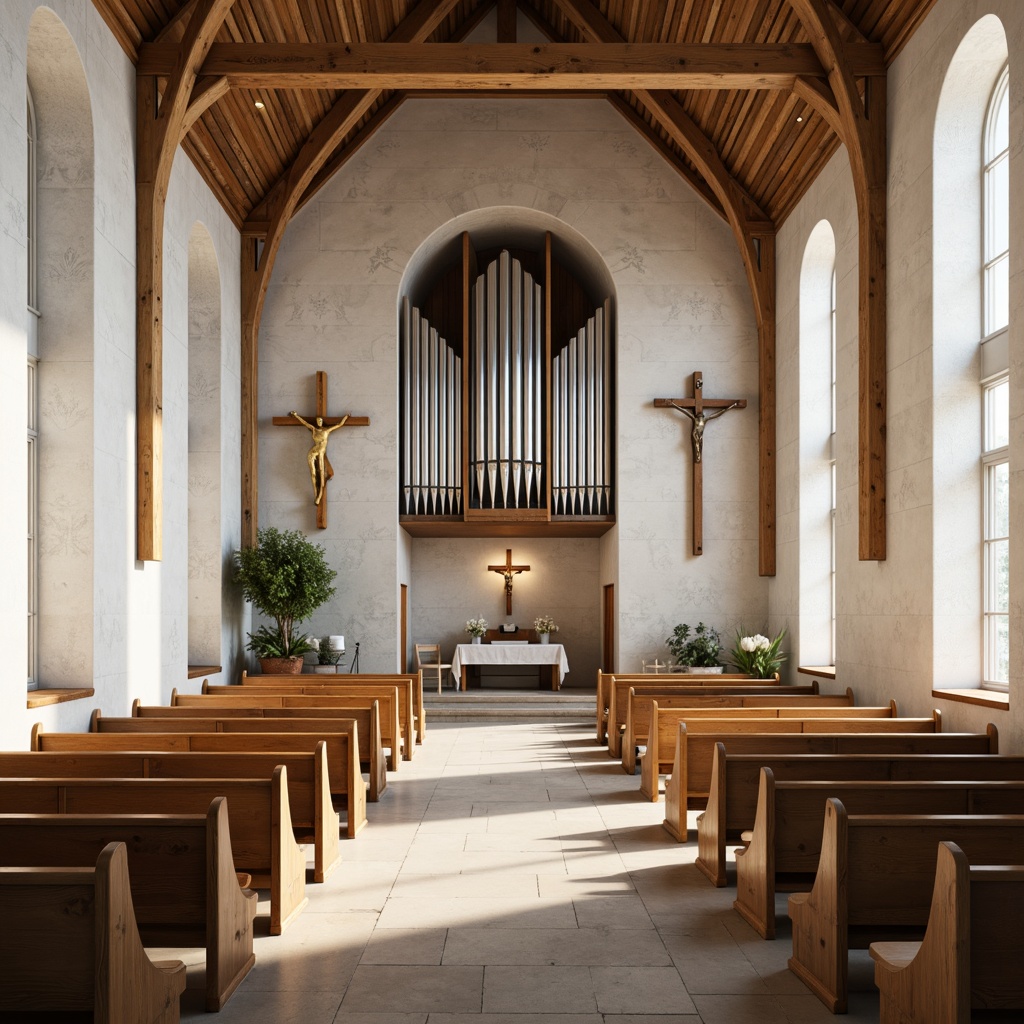 Prompt: Serene Nordic church, creamy white stone walls, rustic wooden accents, soft golden lighting, minimalist decor, calming blue-gray tones, natural textiles, simplistic crucifix, ornate wooden pews, candlelit ambiance, warm beige floors, subtle frescoes, delicate stencils, vaulted ceilings, grand organ pipes, peaceful atmosphere, gentle morning light, shallow depth of field, 1/1 composition, realistic textures, ambient occlusion.