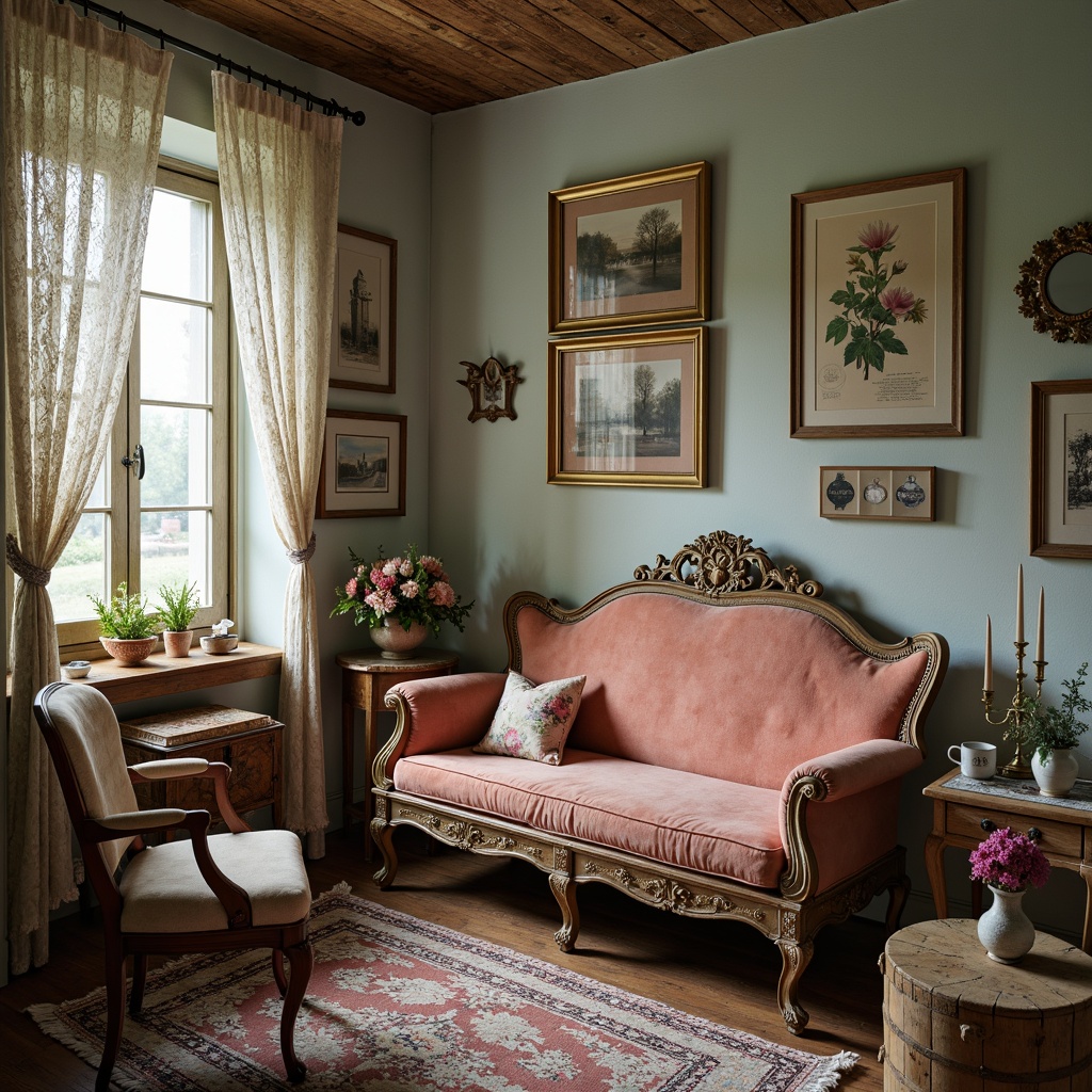 Prompt: Vintage distressed finishes, soft pastel hues, ornate metalwork, plush velvet fabrics, lace drapery, rustic wooden accents, antique furniture pieces, worn leather upholstery, delicate porcelain vases, floral patterns, feminine touches, warm candlelight, subtle texture overlays, 1/2 composition, atmospheric misty lighting, detailed normal maps.