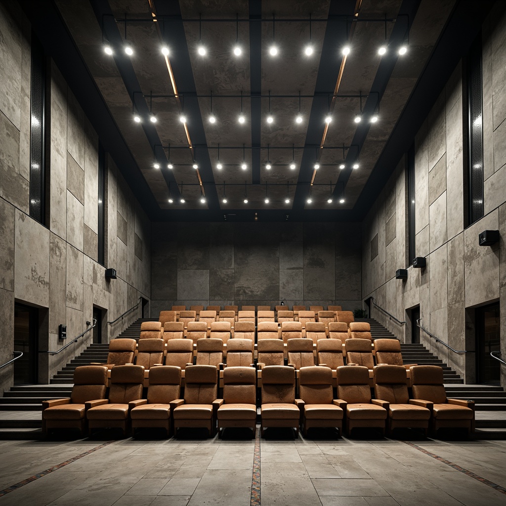 Prompt: Rugged brutalist auditorium, exposed concrete walls, raw industrial textures, monumental seating, chunky wooden benches, bold geometric shapes, angular lines, harsh overhead lighting, dramatic shadows, stark color palette, minimal ornamentation, functional simplicity, robust metal accents, distressed leather upholstery, dynamic sound system, immersive audio experience, 3/4 composition, low-angle shot, cinematic mood, atmospheric misting.