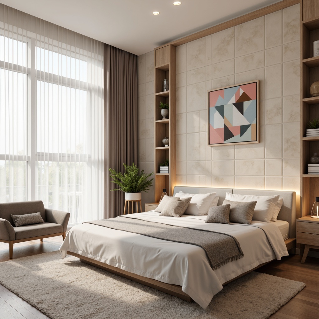 Prompt: Minimalist bedroom, soft pastel colors, geometric wall patterns, modern abstract art, floor-to-ceiling windows, natural light, sheer white curtains, textured wallpaper, 3D paneling, sleek built-in shelves, ambient LED lighting, warm beige tones, minimalist furniture, low-profile bedframe, plush area rug, calm atmosphere, shallow depth of field, 2/3 composition, realistic textures, subtle shading.