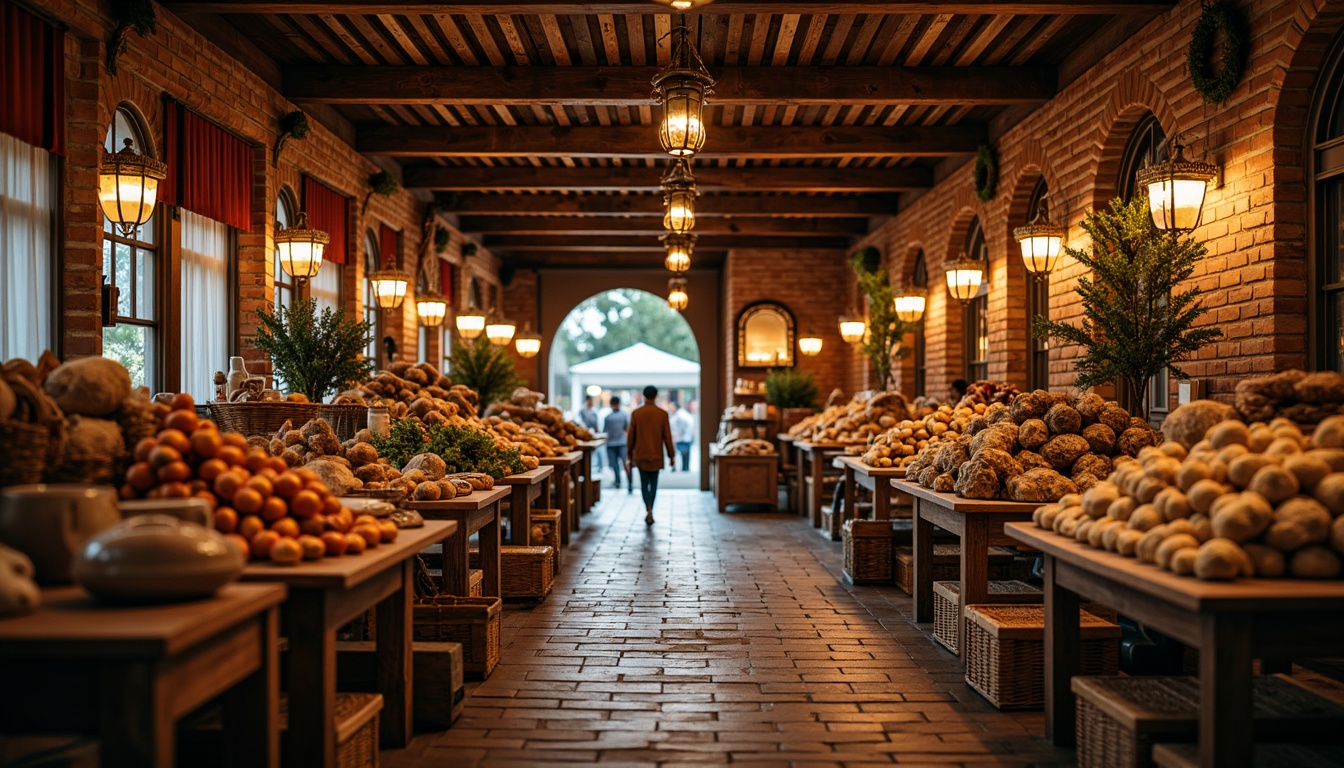 Prompt: Warm traditional market interior, rustic wooden beams, vintage lanterns, soft warm lighting, cozy atmosphere, earthy color palette, natural textiles, woven baskets, distressed wood accents, ornate metalwork, classic chandeliers, dimmable pendant lights, ambient floor lamps, rich wood tones, brick walls, arched windows, lively market sounds, bustling energy, 1/1 composition, realistic textures, warm color grading, shallow depth of field.