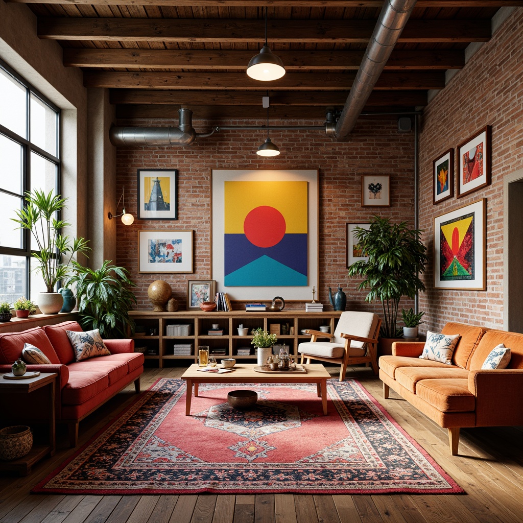 Prompt: Vibrant artistic studio, eclectic furniture, abstract paintings, colorful rugs, trendy lighting fixtures, exposed brick walls, industrial metal beams, reclaimed wood accents, bohemian-inspired textiles, bold geometric patterns, soft warm glow, shallow depth of field, 1/1 composition, panoramic view, realistic textures, ambient occlusion.