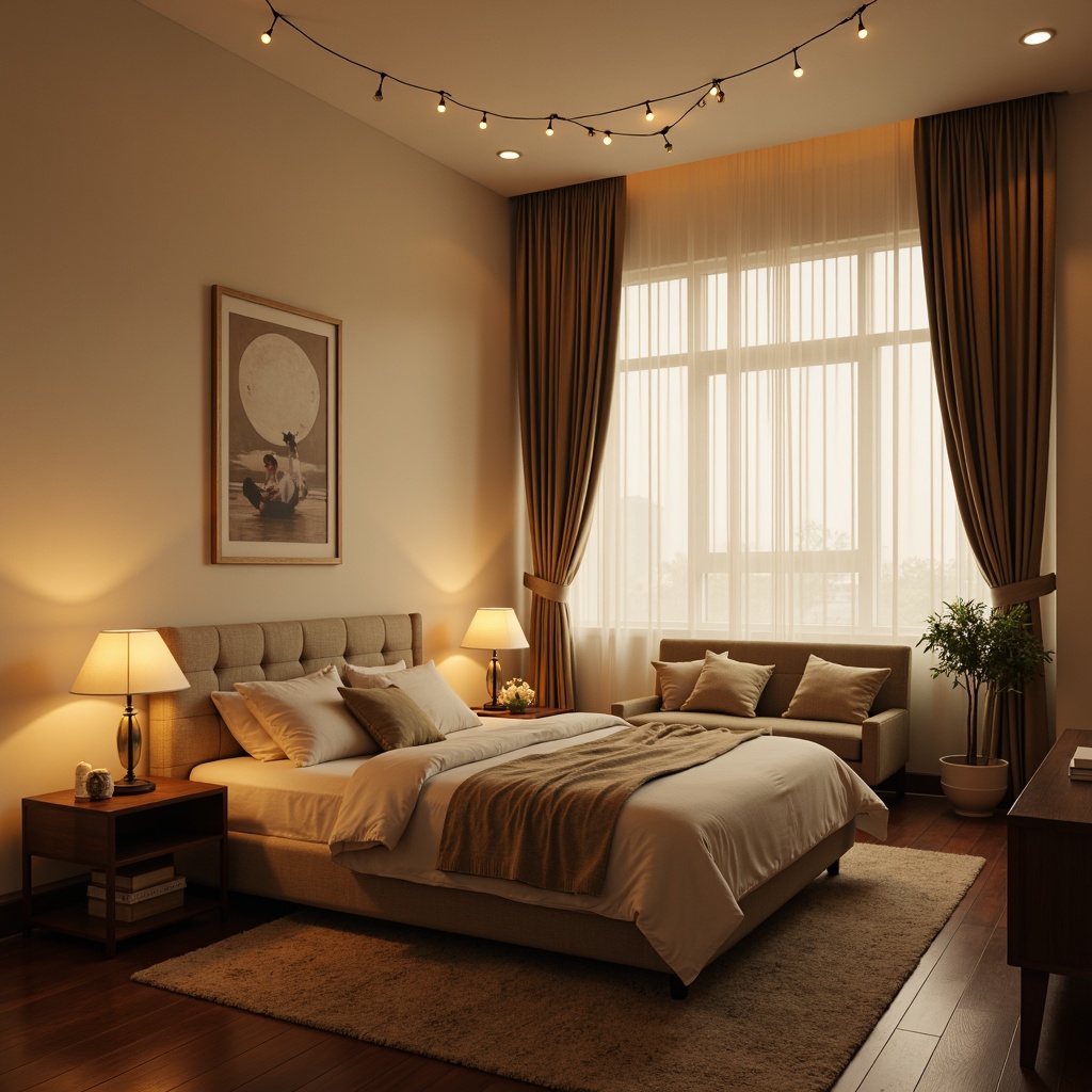 Prompt: Soft warm ambiance, relaxing atmosphere, modern bedroom setting, minimalist furniture, low-profile bedframe, tufted headboard, ambient floor lamps, table lamps with linen shades, string lights, softbox lighting, indirect ceiling illumination, cream-colored walls, dark wood flooring, plush area rug, comfortable reading nook, floor-to-ceiling curtains, sheer drapery, natural fabrics, warm beige tones, subtle texture contrast, cozy seating arrangement, 1/2 composition, shallow depth of field, realistic material rendering.