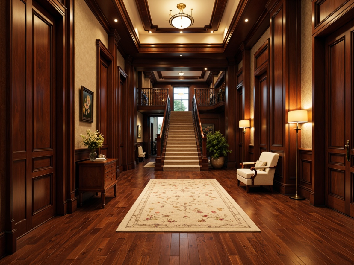 Prompt: Grand entrance hall, polished wooden flooring, luxurious dark wood paneling, ornate wooden doors, brass hardware, elegant staircase, rich walnut finishes, sophisticated interior design, lavish furnishings, warm ambient lighting, shallow depth of field, 1/1 composition, realistic textures, ambient occlusion.