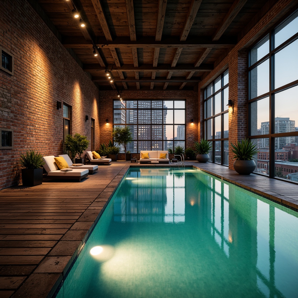 Prompt: Industrial-chic pool area, exposed brick walls, metallic ladders, reclaimed wood decking, distressed concrete floors, minimalist lighting fixtures, pendant lamps, Edison bulbs, warm ambient glow, soft shadows, dramatic spotlights, underwater LED lights, crystal-clear water, turquoise hues, surrounding urban landscape, city skyline views, early evening atmosphere, warm golden hour lighting, shallow depth of field, 1/2 composition, realistic reflections.