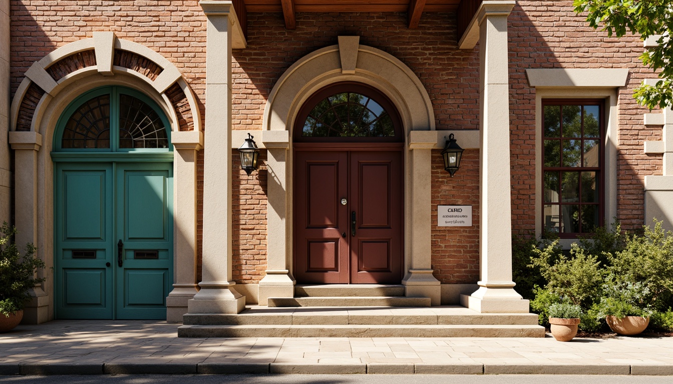 Prompt: Rustic courthouse exterior, eclectic architectural style, worn brick facades, distressed wooden accents, ornate metalwork, vintage lanterns, rich turquoise hues, warm beige tones, deep crimson reds, muted golden yellows, soft cream whites, natural stone textures, intricate tile patterns, stained glass windows, grand entrance archways, dramatic columnar structures, sunny afternoon light, soft ambient shadows, 1/2 composition, realistic material rendering.