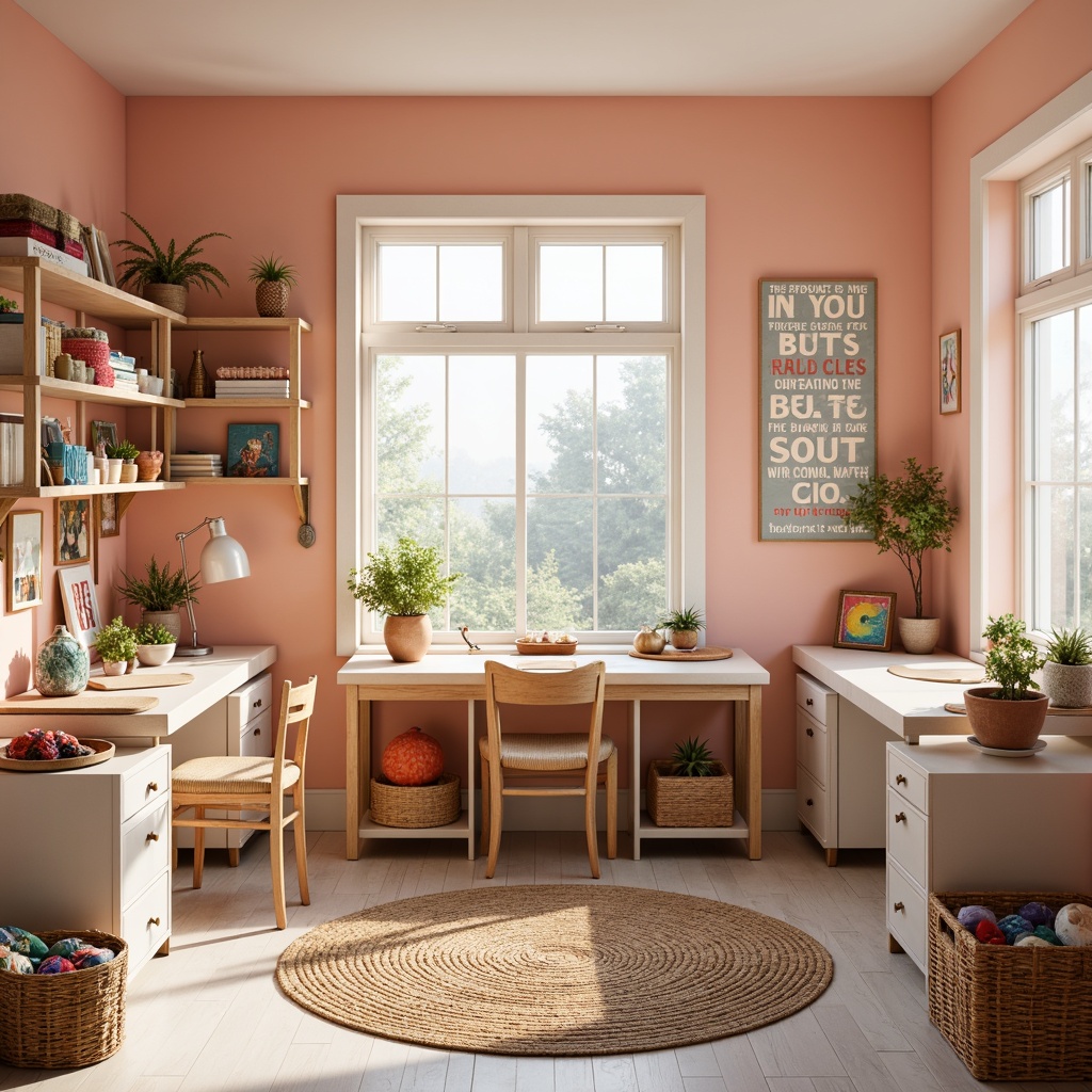 Prompt: Vibrant craft room, pastel color scheme, soft peach walls, creamy white furniture, natural wood accents, woven baskets, colorful fabric scraps, eclectic art pieces, inspirational quotes, warm task lighting, cozy reading nook, plush area rug, minimalist shelving, decorative storage bins, creative workspace, organized crafting stations, stimulating atmosphere, gentle warm glow, 1/1 composition, soft focus, relaxed mood.