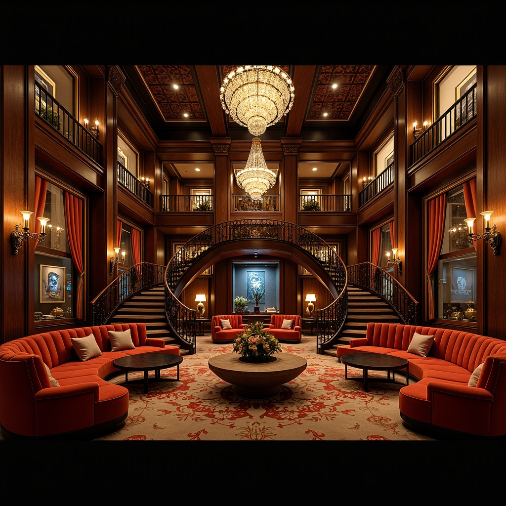 Prompt: Luxurious nightclub interior, rich wooden accents, ornate chandeliers, velvety soft sofas, plush cushions, metallic gold trimmings, dark wood paneling, dim warm lighting, cozy booths, curved staircases, grand entranceways, decorative mirrors, elegant archways, vintage-inspired posters, opulent drapery, lavish textiles, sophisticated color palette, 3/4 composition, cinematic lighting, realistic reflections.