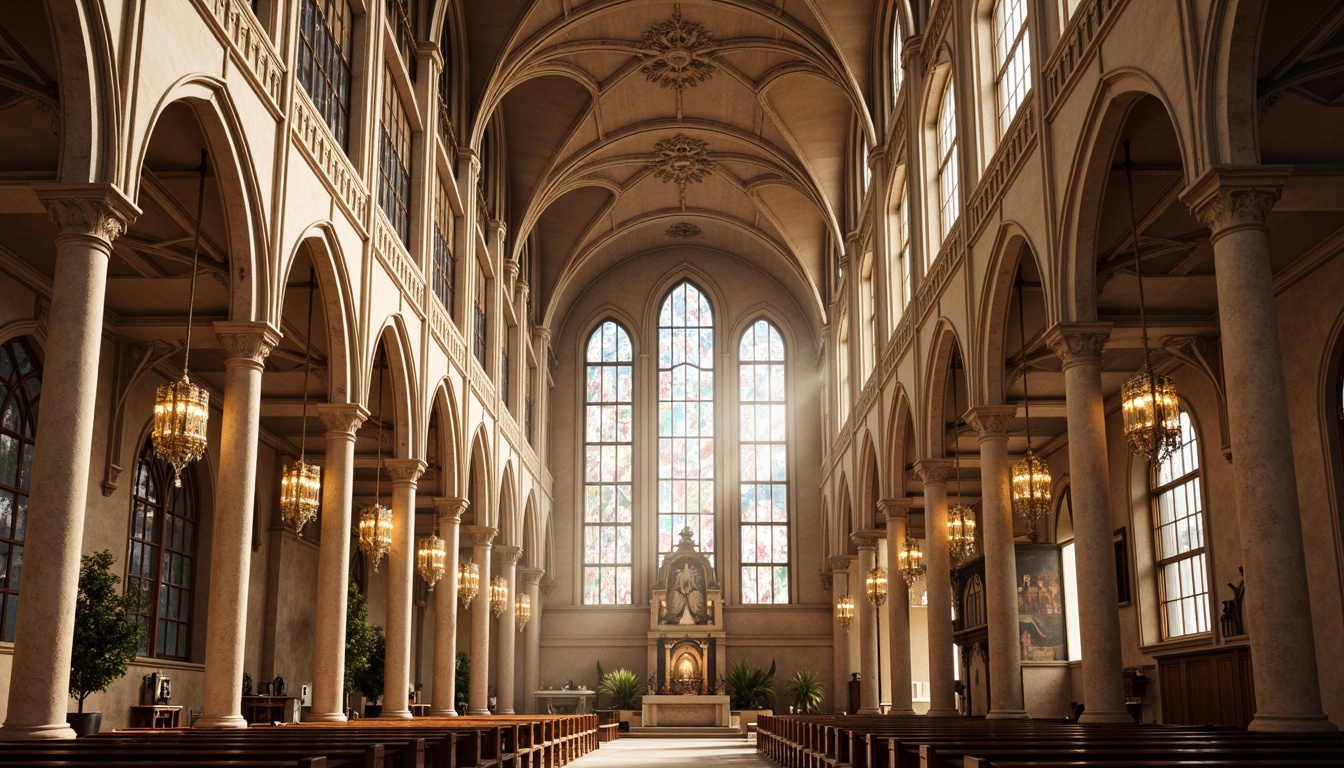 Prompt: Majestic cathedral, vaulted ceilings, grandeur architecture, stained glass windows, intricate stone carvings, ornate chandeliers, sacred atmosphere, natural light pouring in, warm beige tones, rich wood accents, elegant curves, dramatic verticality, soaring heights, peaceful ambiance, subtle shadows, soft diffused lighting, 1/2 composition, symmetrical framing, realistic textures, subtle ambient occlusion.