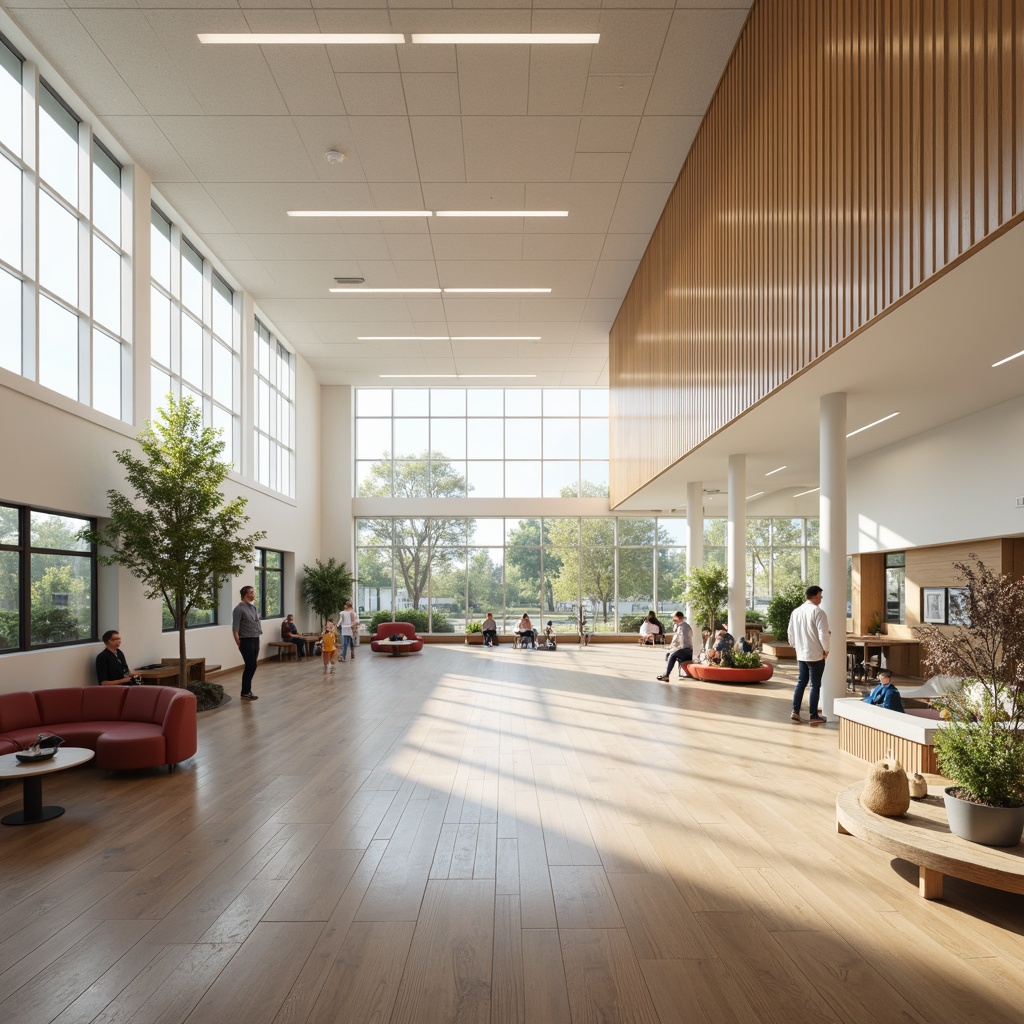 Prompt: Modern high school interior, abundant natural light, floor-to-ceiling windows, minimalist decor, sleek wooden floors, white walls, subtle texture patterns, comfortable seating areas, collaborative learning spaces, eco-friendly materials, energy-efficient lighting systems, soft warm color tones, shallow depth of field, 3/4 composition, panoramic view, realistic textures, ambient occlusion.