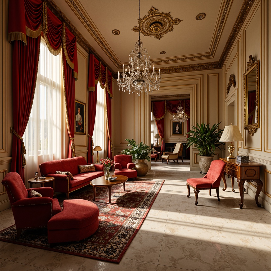 Prompt: Richly ornate office, luxurious velvet fabrics, golden accents, intricate carvings, lavish furnishings, ornate mirrors, crystal chandeliers, warm beige walls, opulent marble floors, bold red and gold color scheme, soft cream lighting, dramatic shadows, 2/3 composition, cinematic view, highly detailed textures, ambient occlusion.