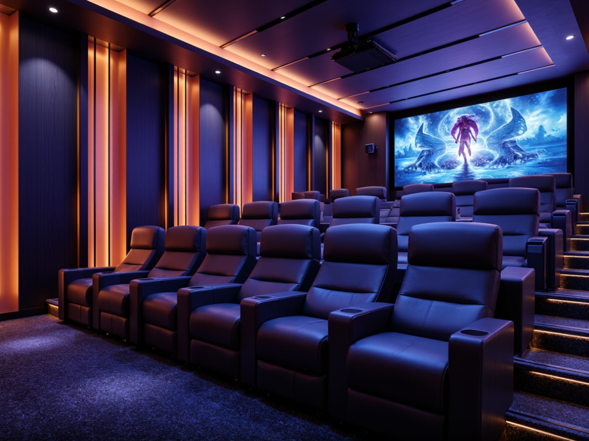 Prompt: Luxurious cinema interior, modern sleek lines, minimalist design, premium leather seats, reclining comfort, adjustable armrests, metallic accents, ambient LED lighting, dark wood paneling, soundproofing materials, 3D projection screen, Dolby Atmos surround sound, futuristic ticketing systems, cinematic graphics, vibrant color scheme, soft carpet flooring, spacious legroom, ergonomic seating arrangement, panoramic view, realistic textures, shallow depth of field.