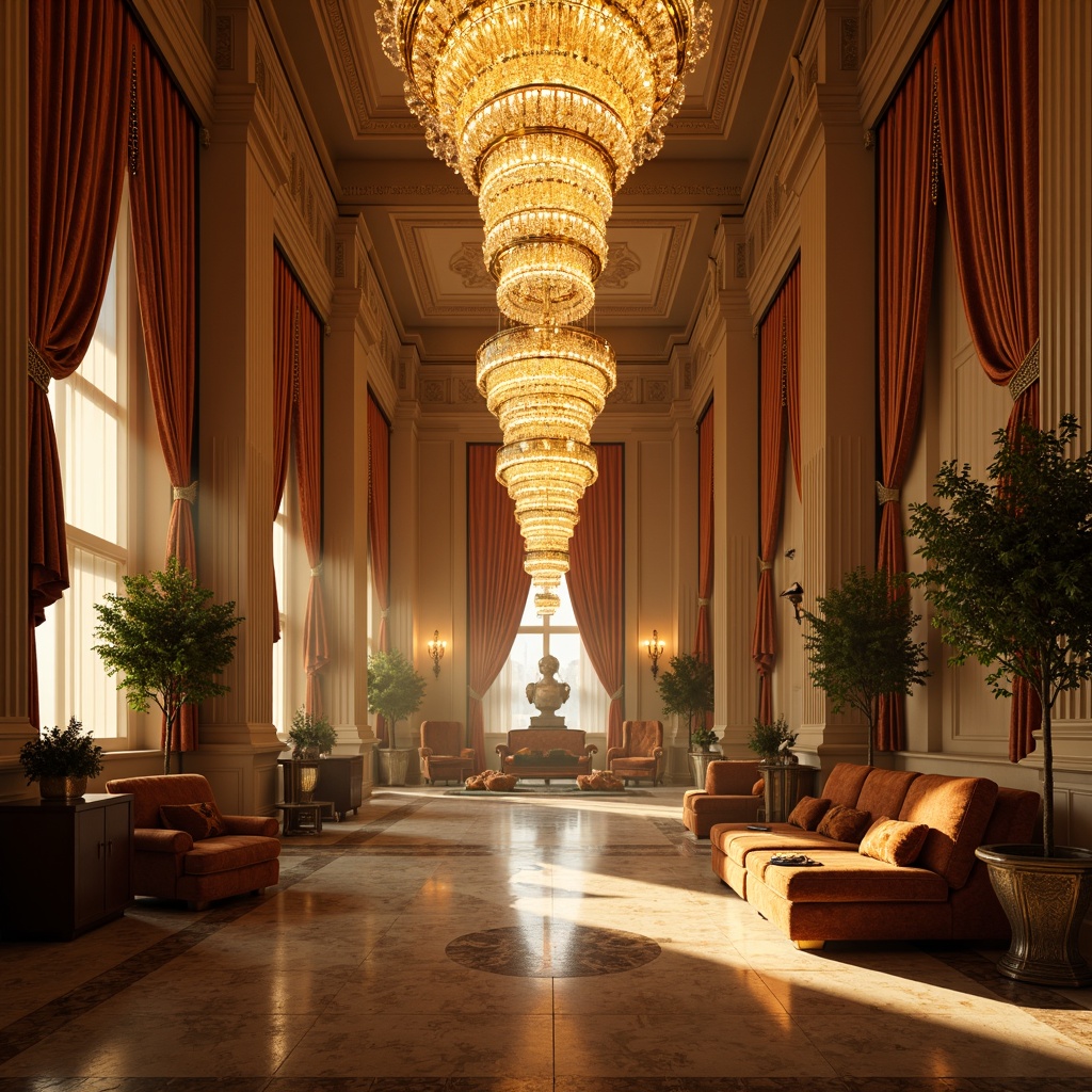 Prompt: Luxurious interior space, grand chandelier, crystal pendant lights, warm golden lighting, marble floors, velvet drapes, ornate furnishings, lavish decorations, high ceilings, stately columns, intricate moldings, ambient glow, soft warm shadows, dramatic spotlights, 1/2 composition, realistic reflections, atmospheric fog.