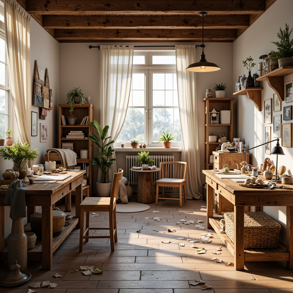 Prompt: Cozy crafting studio, warm wooden tables, rustic metal tools, scattered fabric scraps, softbox lighting, overhead pendant lamps, table lamps with adjustable arms, natural daylight, sheer curtains, minimalist decor, pastel color palette, gentle shadows, 1/1 composition, realistic textures, ambient occlusion.