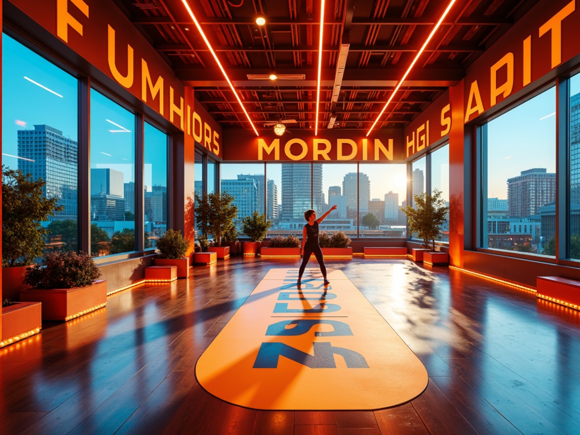 Prompt: Vibrant dance studio, dynamic color scheme, energetic orange hues, deep blues, electric yellows, bold typography, modern architecture, floor-to-ceiling windows, polished wood floors, professional dance equipment, mirrored walls, bright LED lights, high ceilings, urban cityscape, morning sunlight, soft focus, shallow depth of field, 1/2 composition, cinematic camera angles, realistic reflections.