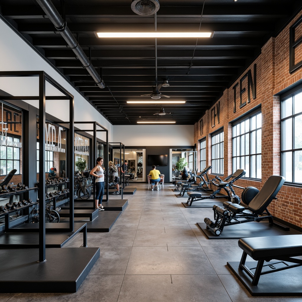 Prompt: Modern home gym, sleek equipment, industrial metal frames, rubber flooring, mirrored walls, motivational quotes, high-intensity lighting, ventilated atmosphere, ergonomic seating, adjustable dumbbells, weight benches, treadmill machines, exercise bikes, medicine balls, resistance bands, yoga mats, sound systems, inspirational artwork, urban loft-style decor, exposed brick walls, polished concrete floors, minimalist color schemes.