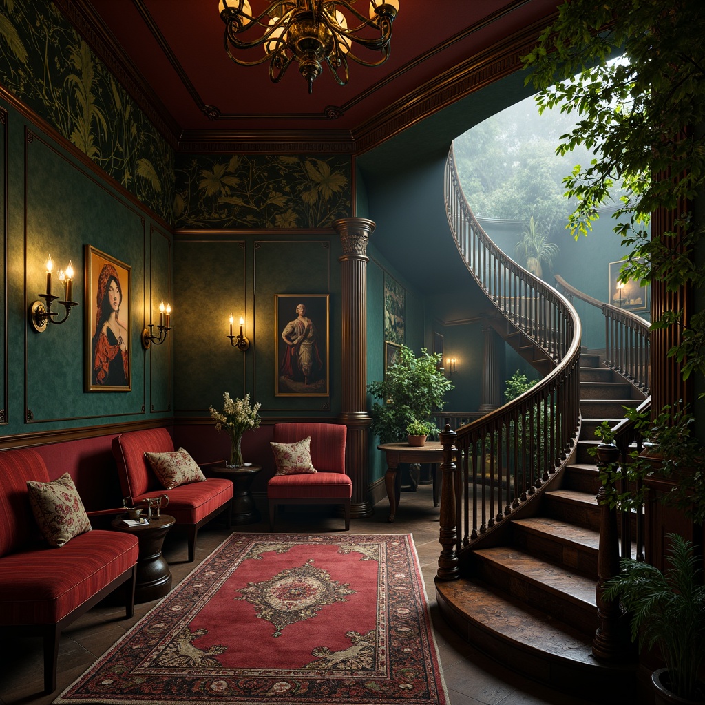 Prompt: Rich burgundy red, deep emerald green, luxurious gold accents, ornate ironwork, flowing organic lines, vintage distressed textures, warm candlelight ambiance, mystical lanterns, velvety dark blue walls, intricate stencils, ornamental ceiling tiles, Art Nouveau-inspired furniture, curved wooden banisters, mysterious dimly lit spaces, atmospheric foggy effects, dramatic shadows, cinematic composition, 1/2 depth of field, romantic soft focus.