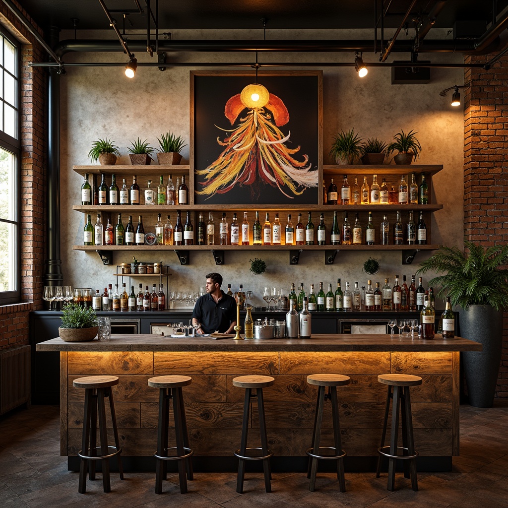 Prompt: Whimsical home bar, eclectic decor, vintage liquor bottles, ornate wooden shelves, metal accents, reclaimed wood, industrial pipes, exposed brick walls, Edison bulb lighting, warm ambient glow, rustic wooden crates, woven baskets, macrame plant holders, abstract art pieces, distressed finishes, mixed metallic tones, bold color schemes, geometric patterns, 3/4 composition, low-key lighting, shallow depth of field.