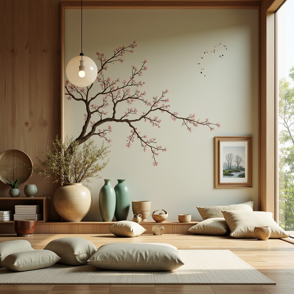 Prompt: Soothing Asian-inspired interior, tranquil ambiance, natural wood accents, hand-painted cherry blossom wallpaper, soft silk fabrics, delicate porcelain vases, subtle jade green hues, creamy whites, warm beige tones, elegant lacquerware, intricate oriental patterns, minimalist decor, paper lanterns, gentle diffused lighting, shallow depth of field, 2/3 composition, serene atmosphere, realistic textures, ambient occlusion.