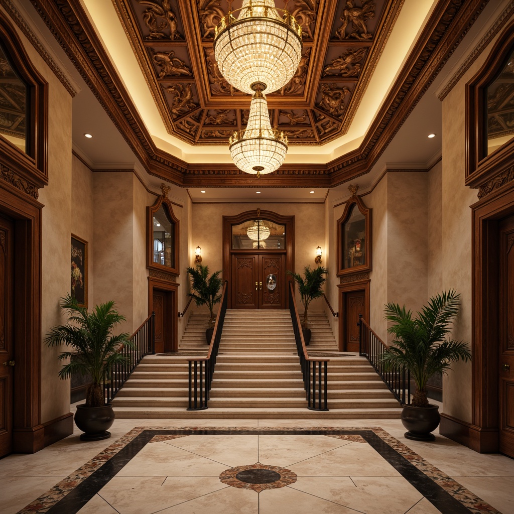 Prompt: Grand entrance hall, opulent chandelier, intricately carved wooden doors, ornate moldings, luxurious marble floors, sweeping staircases, lavish furnishings, regal color scheme, warm ambient lighting, shallow depth of field, 1/1 composition, realistic textures, soft focus effect.