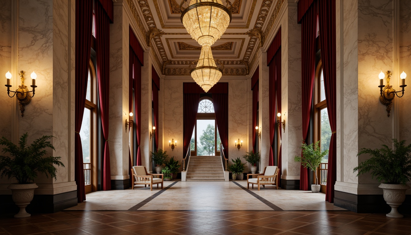 Prompt: Elegant neoclassical facade, ornate details, contrasting textures, smooth marble columns, rough-hewn stone walls, intricate carvings, gilded accents, symmetrical composition, grand entrance, sweeping staircases, lavish chandeliers, rich velvet drapes, polished wooden floors, subtle lighting, soft focus, atmospheric perspective, warm color palette, 2/3 composition, cinematic view, realistic reflections, ambient occlusion.