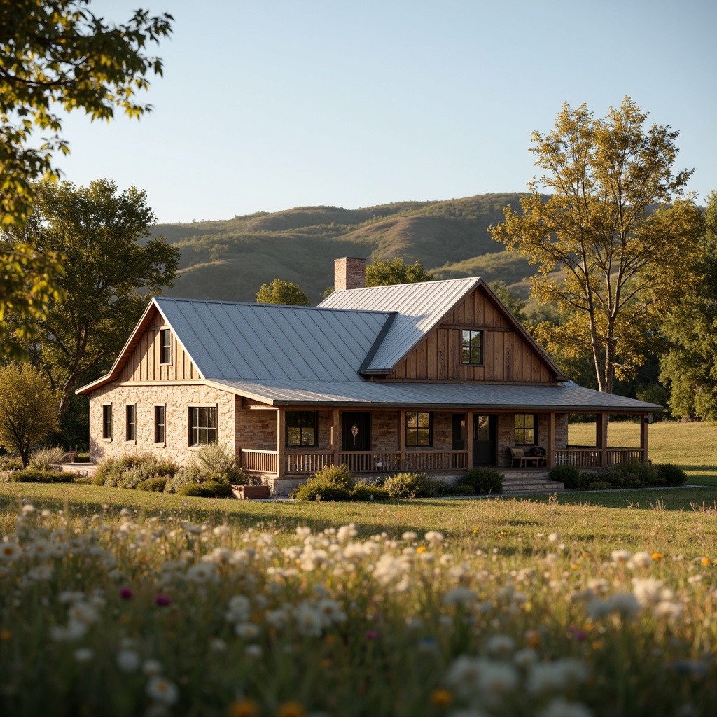 Prompt: Rustic farmhouse, vintage decor, earthy tones, weathered wood accents, distressed finishes, soft warm lighting, natural stone walls, brick exteriors, galvanized metal roofs, rolling hills, countryside landscape, wildflower fields, sunny afternoon, gentle warm breeze, 1/1 composition, shallow depth of field, realistic textures, ambient occlusion.