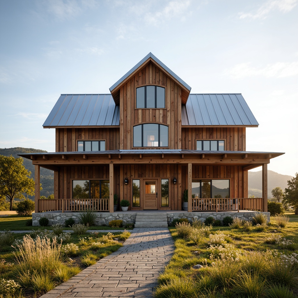 Prompt: Rustic farmhouse, wooden clapboard siding, weathered metal roofing, natural stone foundation, horizontal board-and-batten exterior, reclaimed barn wood accents, galvanized metal trim, vintage-inspired door hardware, earthy color palette, rural landscape, rolling hills, scattered wildflowers, sunny afternoon, soft warm lighting, shallow depth of field, 3/4 composition, panoramic view, realistic textures, ambient occlusion.