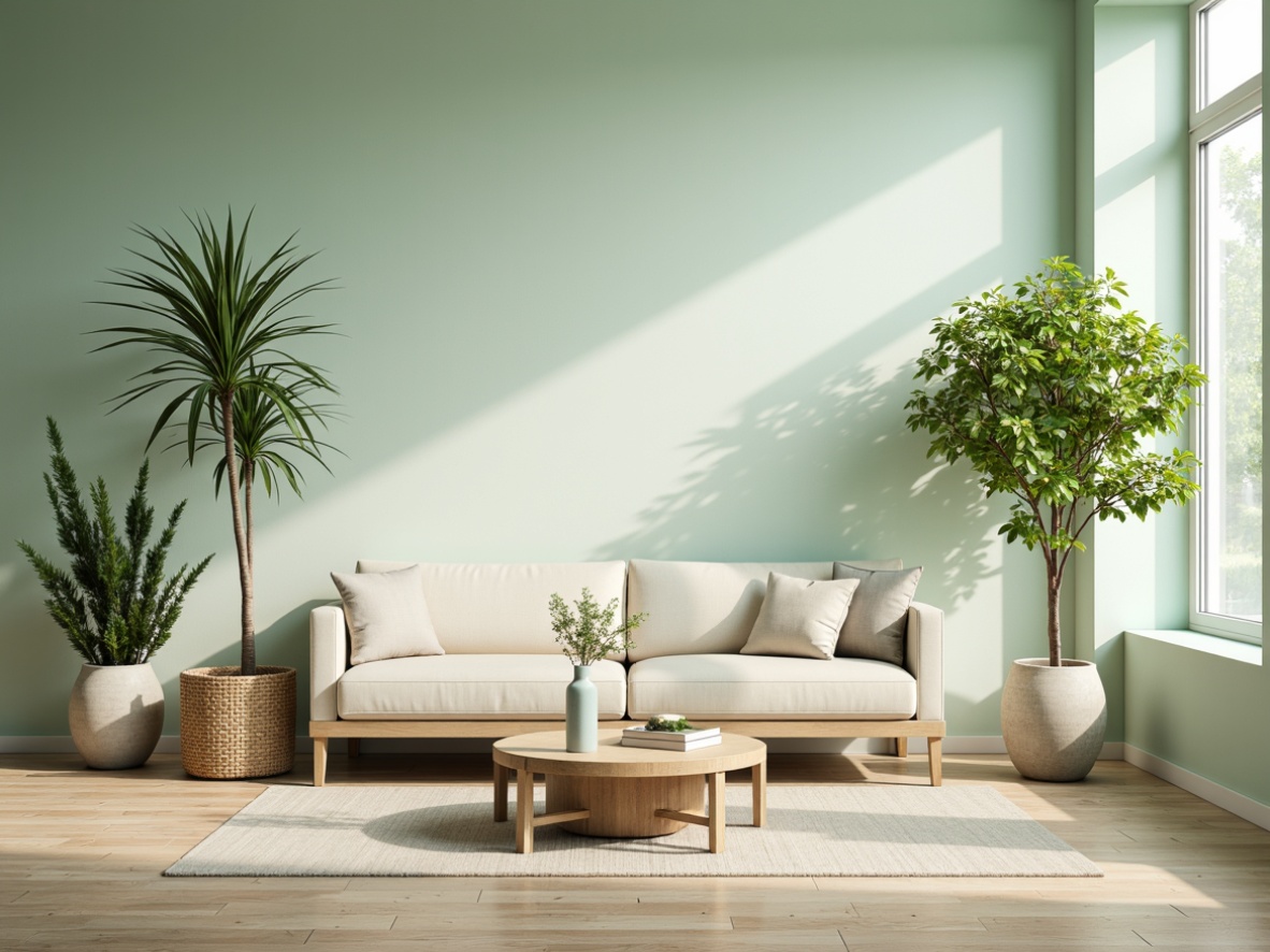 Prompt: Soft mint walls, creamy white accents, warm beige furniture, pale blue undertones, calming greenery, natural wood textures, subtle gold lighting, gentle shadowing, shallow depth of field, 1/1 composition, warm soft focus, relaxing ambiance.