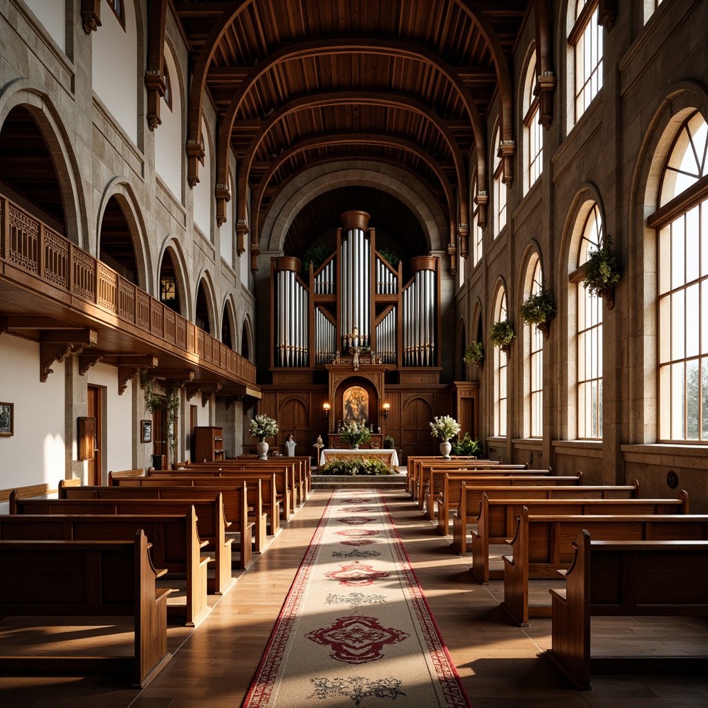 Prompt: Traditional church interior, wooden pews with ornate carvings, polished wooden floors, stained glass windows, vaulted ceilings, grand pipe organs, intricate stone arches, soft warm lighting, serene atmosphere, rustic wooden accents, classic Christian symbols, elegant aisle runners, majestic altar designs, symmetrical composition, harmonious color palette, realistic textures, ambient occlusion.