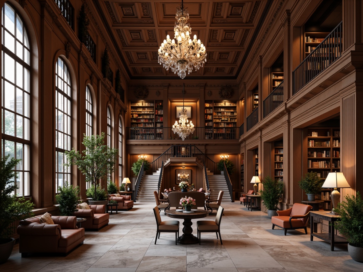 Prompt: Elegant library interior, neoclassical architecture, marble flooring, high ceilings, ornate moldings, grand staircases, wooden bookshelves, leather-bound tomes, comfortable reading nooks, plush armchairs, sophisticated lighting fixtures, crystal chandeliers, rich wood tones, intricate carvings, luxurious fabrics, classic columns, subtle color palette, warm atmospheric lighting, shallow depth of field, 1/2 composition, realistic textures, ambient occlusion.