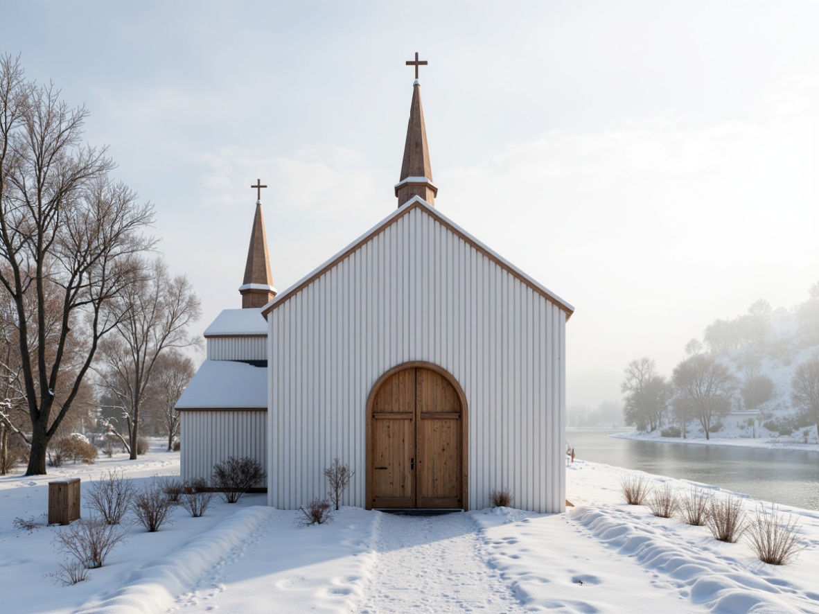 Prompt: Minimalist church exterior, Nordic inspired architecture, wooden accents, clean lines, simplicity, natural light, subtle ornamentation, whitewashed walls, rustic wooden doors, elegant spires, serene atmosphere, peaceful ambiance, snow-covered roofs, frozen lakeside scenery, misty morning light, softbox lighting, shallow depth of field, 1/2 composition, realistic textures, ambient occlusion.