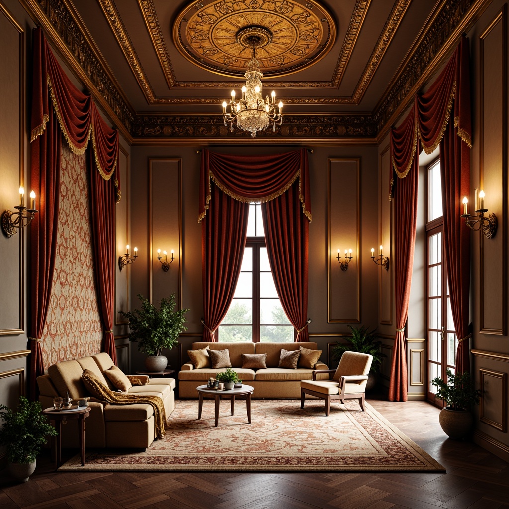 Prompt: \Ornate fabrics, rich velvet drapes, golden embroidery, intricate brocade patterns, luxurious silk upholstery, carved wooden furniture, ornamental moldings, grandiose chandeliers, stately columns, symmetrical compositions, classical proportions, soft warm lighting, shallow depth of field, 3/4 composition, realistic textures, ambient occlusion.\