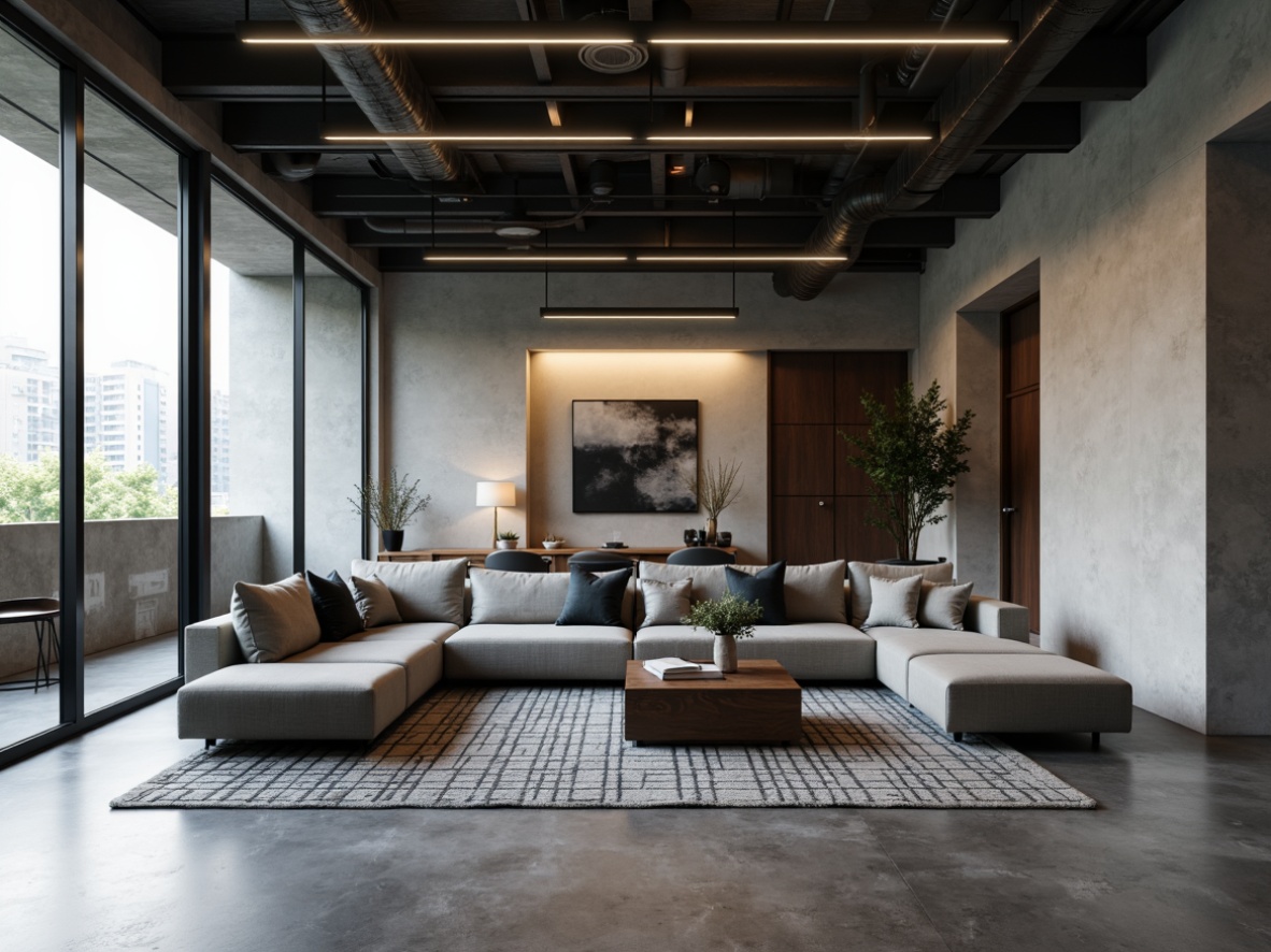 Prompt: Minimalist living room, sleek lines, monochromatic color scheme, polished concrete floors, floor-to-ceiling windows, modern sectional sofa, geometric patterned rug, industrial chic lighting fixtures, exposed ductwork, pendant lamps, recessed ceiling lights, LED strip lighting, warm ambient glow, cozy reading nook, urban loft atmosphere, soft natural light, 1/1 composition, realistic reflections, subtle gradient maps.