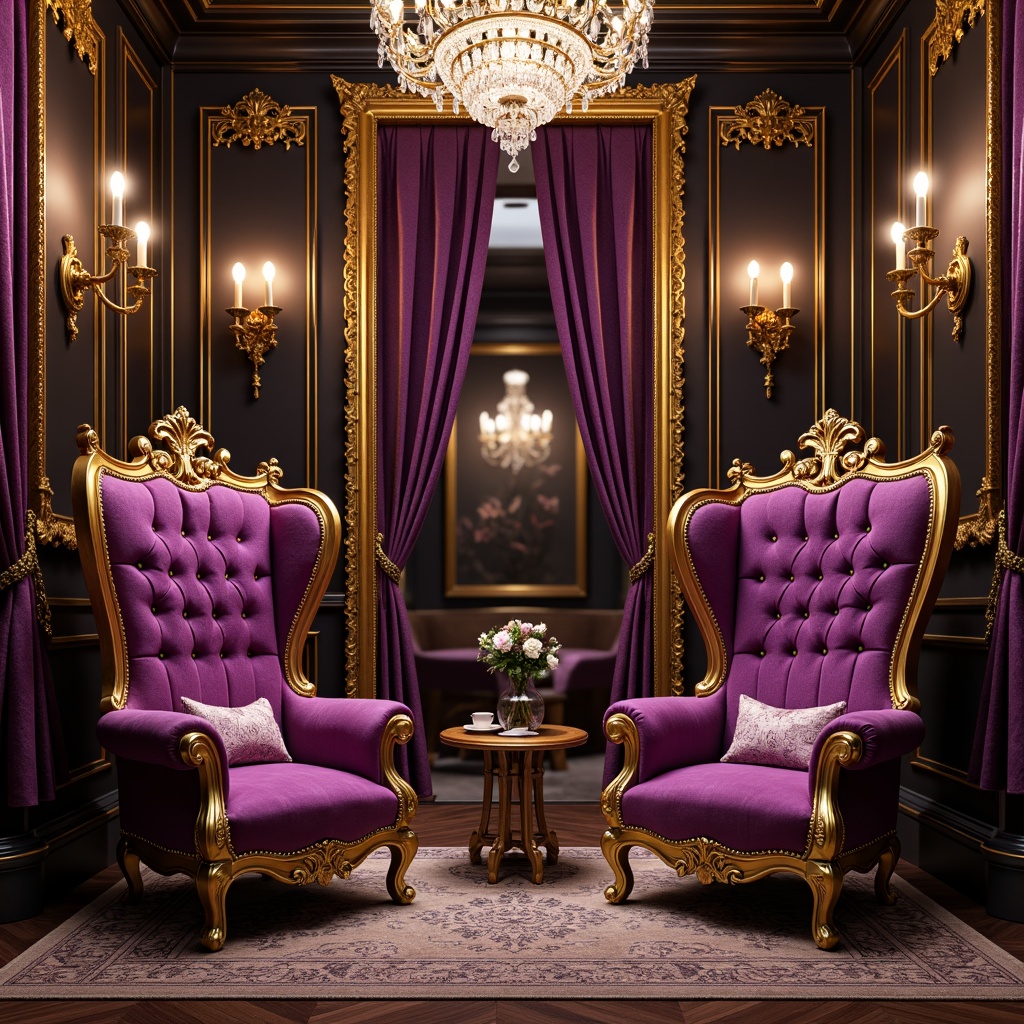 Prompt: Ornate throne-like chairs, intricately carved wooden frames, gilded accents, velvet upholstery, luxurious silk fabrics, golden filigree patterns, curved cabriole legs, ornamental mirrors, crystal chandeliers, grandiose proportions, richly textured drapery, lavish tufting, regal purple hues, soft warm lighting, dramatic shadows, 1/1 composition, high-contrast renderings, highly detailed ornaments.