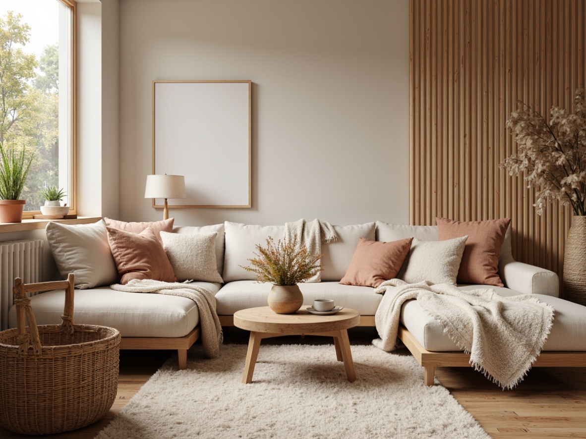 Prompt: Cozy throw blankets, soft plush fabrics, warm earthy tones, natural fibers, woven baskets, rustic wood accents, Scandinavian-inspired design, minimal ornamentation, calming color palette, serene ambiance, comfortable seating areas, oversized pillows, gentle lighting, 1/1 composition, realistic textures, ambient occlusion.