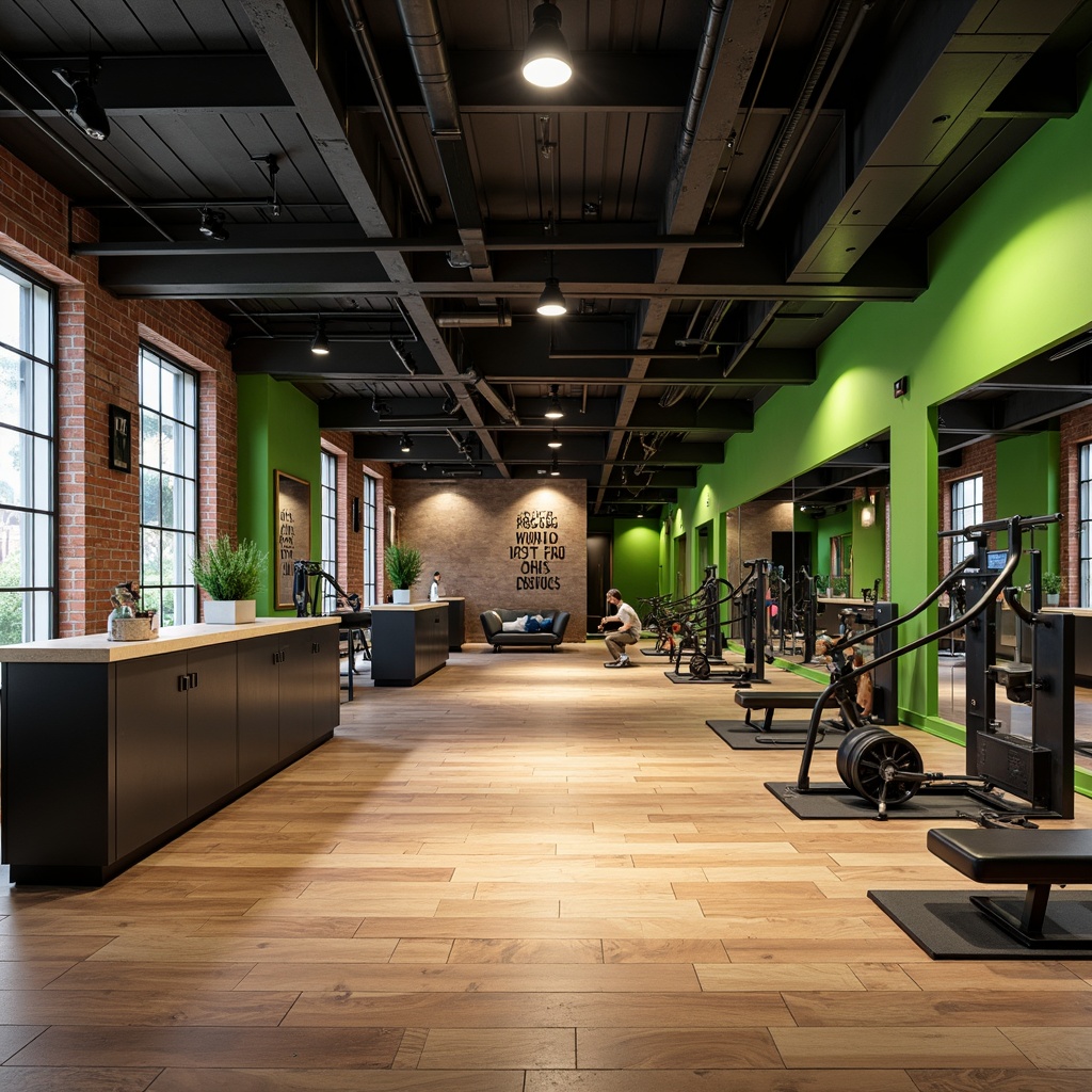 Prompt: Modern home gym, sleek equipment, mirrored walls, polished wooden floors, vibrant green accents, motivational quotes, industrial metal beams, exposed brick walls, natural stone countertops, minimalist decor, warm track lighting, soft ambient glow, 1/1 composition, realistic textures, subtle shadowing.