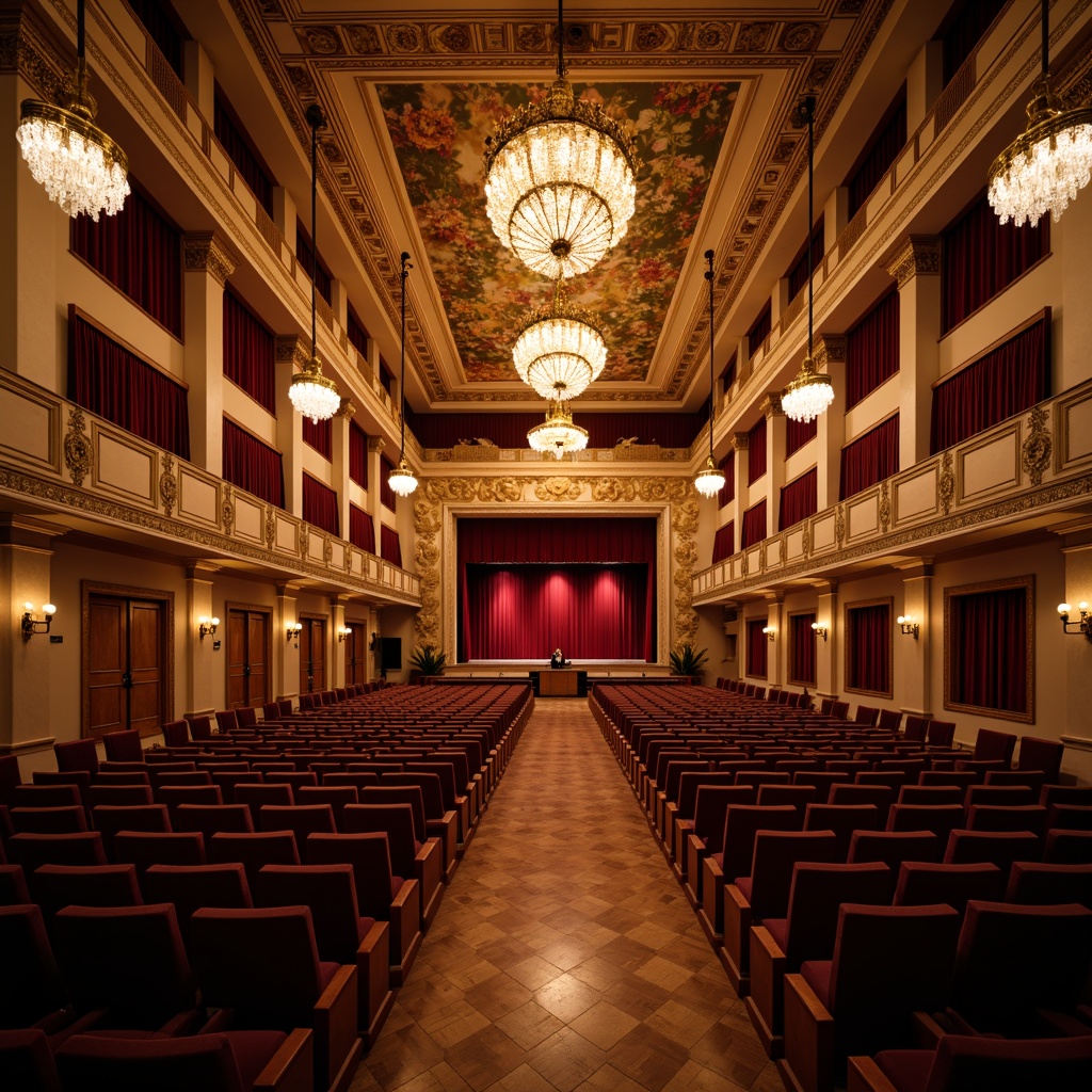 Prompt: Grand auditorium, high ceilings, ornate chandeliers, suspended lighting fixtures, LED stage lights, dimmable spotlights, warm golden illumination, red velvet curtains, luxurious seating, polished wooden floors, intricate architectural details, dramatic staircases, sweeping balconies, panoramic views, softbox lighting, 1/1 composition, realistic reflections, ambient occlusion.