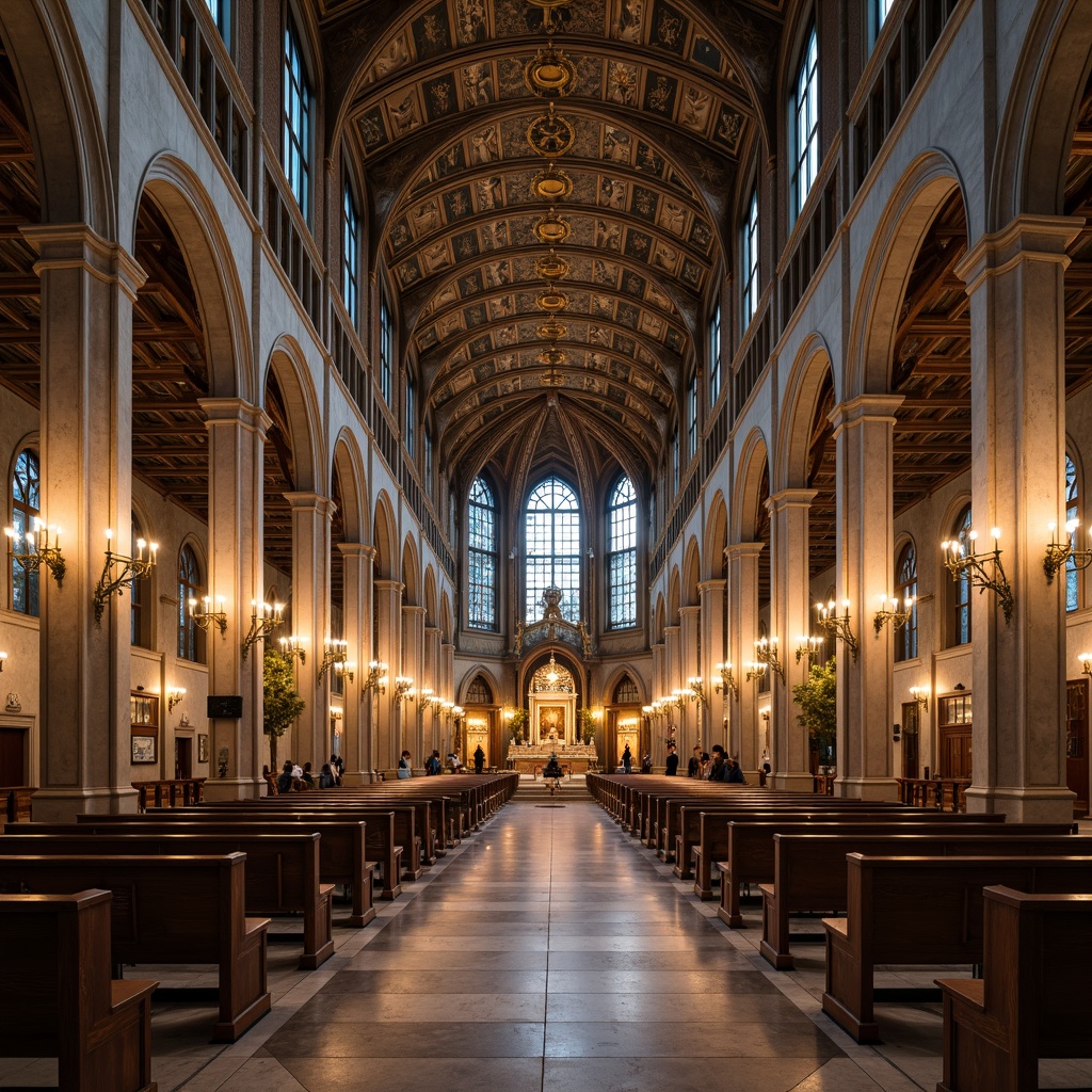 Prompt: Grand cathedral interior, vaulted ceilings, stained glass windows, ornate chandeliers, intricate stone carvings, polished marble floors, wooden pews, altar tables, religious murals, dramatic lighting effects, soft warm ambiance, shallow depth of field, 1/1 composition, symmetrical view, realistic textures, ambient occlusion.