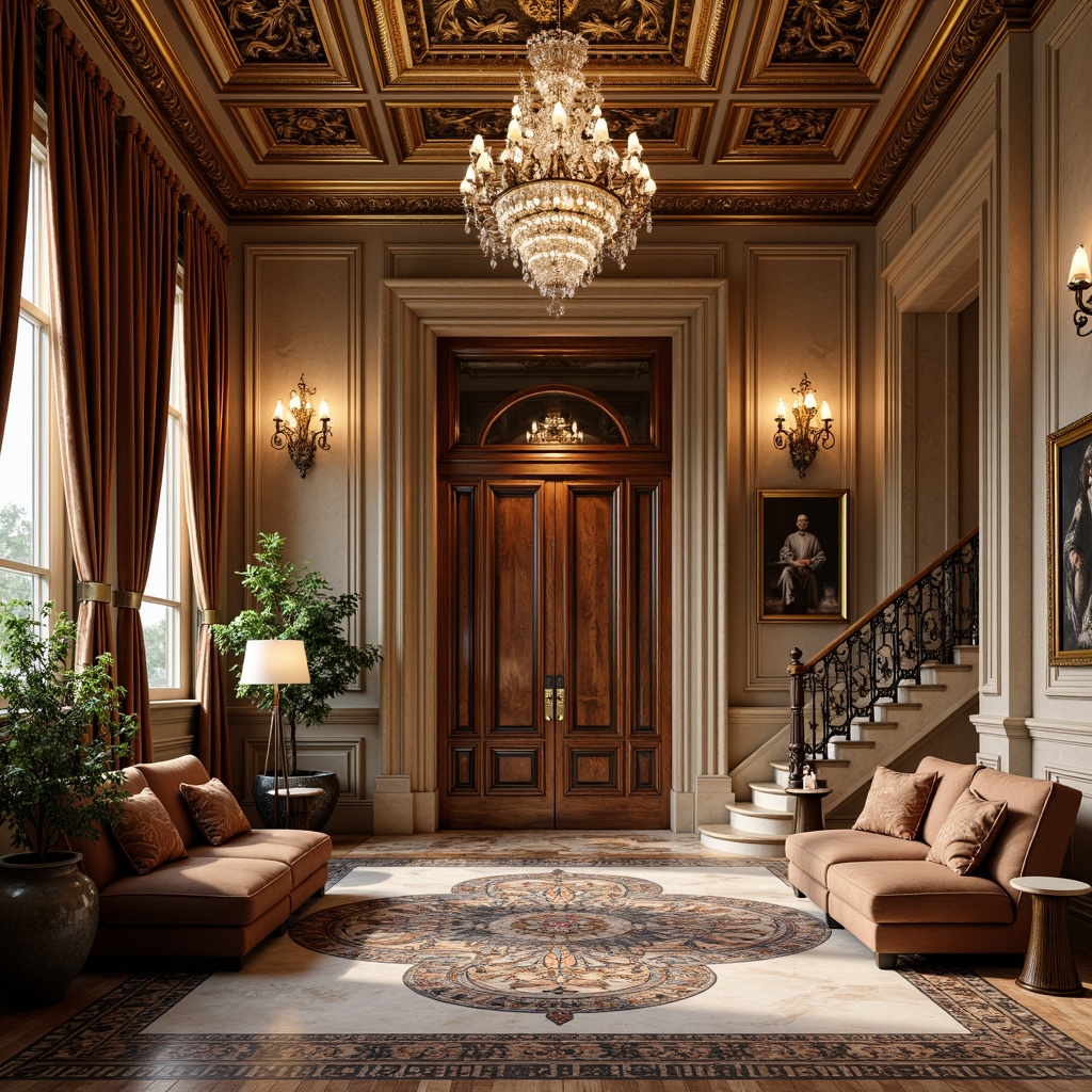 Prompt: Opulent mansion, grandiose facade, intricately carved stonework, ornate wooden doors, gilded accents, lavish furnishings, velvet drapes, crystal chandeliers, marble flooring, intricate mosaics, majestic staircases, regal color palette, rich textures, warm golden lighting, shallow depth of field, 1/1 composition, symmetrical framing, highly detailed renderings.